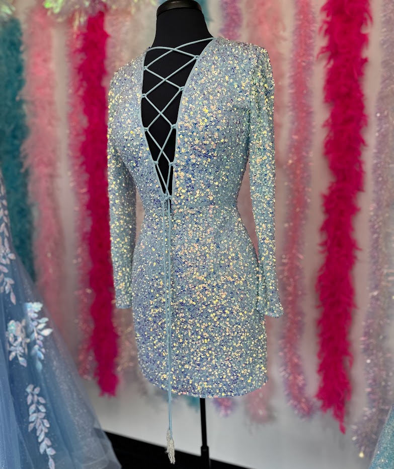 Ashley Lauren 4512 Size 6 AB/Sky Short Fitted Sequin Long Sleeve Homecoming Dress Cocktail Gown