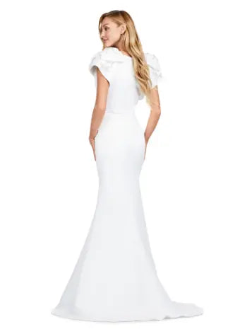 Elevate your evening look with the Ashley Lauren 11415 Long Ivory Mermaid Evening Dress. This stunning gown features a double-faced satin fabric and intricate bow detail, perfect for a formal event or pageant. Embrace timeless elegance and make a statement with this expertly crafted dress. Make an entrance in this double faced satin gown complete with bow shoulders and beaded details. in this memorable dress styled with radiant beading on the layered shoulder straps.