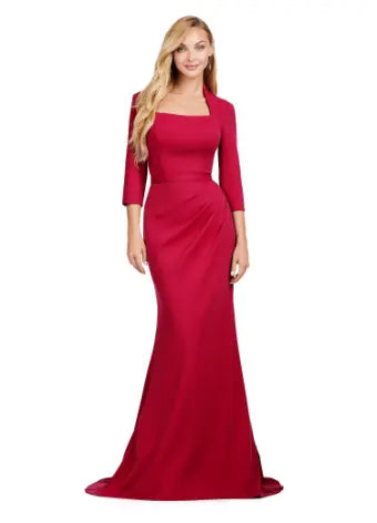 Introducing the Ashley Lauren 11418 Burgundy Long Evening Dress, perfect for any formal occasion. This stunning mermaid style gown is made from high-quality scuba fabric, designed to hug your curves and create a sleek silhouette. The square neckline adds a touch of sophistication, making it a must-have for pageants and formal events. Dance the night away in this square neckline gown. The fitted gown is complete with three quarter length sleeves and a tonal belt. 