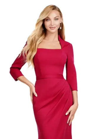 Introducing the Ashley Lauren 11418 Long Burgundy Evening Dress, perfect for any formal occasion. This stunning mermaid style gown is made from high-quality scuba fabric, designed to hug your curves and create a sleek silhouette. The square neckline adds a touch of sophistication, making it a must-have for pageants and formal events. Dance the night away in this square neckline gown. The fitted gown is complete with three quarter length sleeves and a tonal belt. 