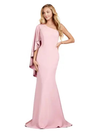 Elevate your formal ensemble with the Ashley Lauren 11421 Long Evening Dress. This fitted one shoulder gown features cascading ruffle sleeves, adding an elegant touch to your look. Perfect for pageants and prom, this dress is sure to make a statement. Expertly crafted for a flawless fit. This dress is all about classic elegance. The one shoulder design features a cascading ruffle sleeve with press on stone details.