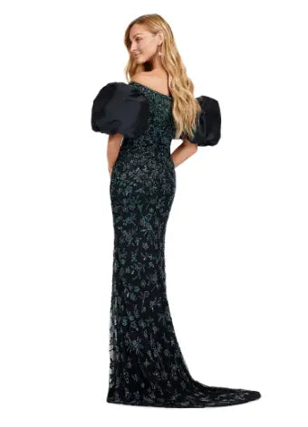 Make a statement with the Ashley Lauren 11432 black evening dress. Sparkling beads cover this off shoulder gown, featuring puff sleeves for a touch of drama. Perfect for formal events and pageants. Expertly crafted with quality materials for a luxurious feel. This fully beaded gown features taffeta puff sleeves that add the perfect amount of glam. The intricate bead pattern brings the entire look together.