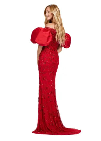 Make a statement with the Ashley Lauren 11432 long prom dress. Sparkling beads cover this off shoulder gown, featuring puff sleeves for a touch of drama. Perfect for formal events and pageants. Expertly crafted with quality materials for a luxurious feel. This fully beaded gown features taffeta puff sleeves that add the perfect amount of glam. The intricate bead pattern brings the entire look together.