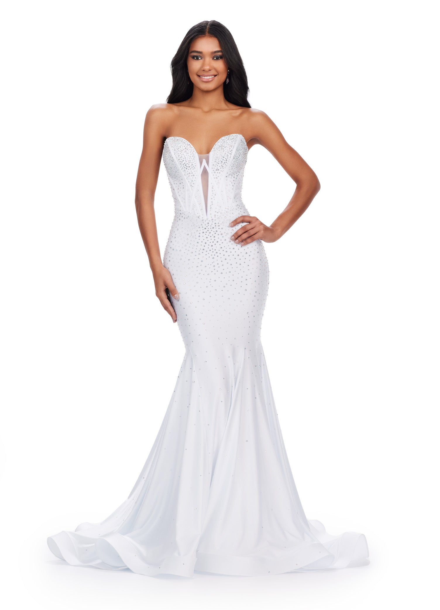 This elegant Ashley Lauren 11560 prom dress features a strapless neckline, fitted jersey fabric, and a mermaid silhouette that will accentuate your figure. The V-neck adds a touch of sophistication to this formal gown, making it perfect for prom or a pageant. Feel confident and beautiful in this stunning dress. This classic strapless jersey gown features a fully beaded corset bustier. The press on stones make this extra glamourous.