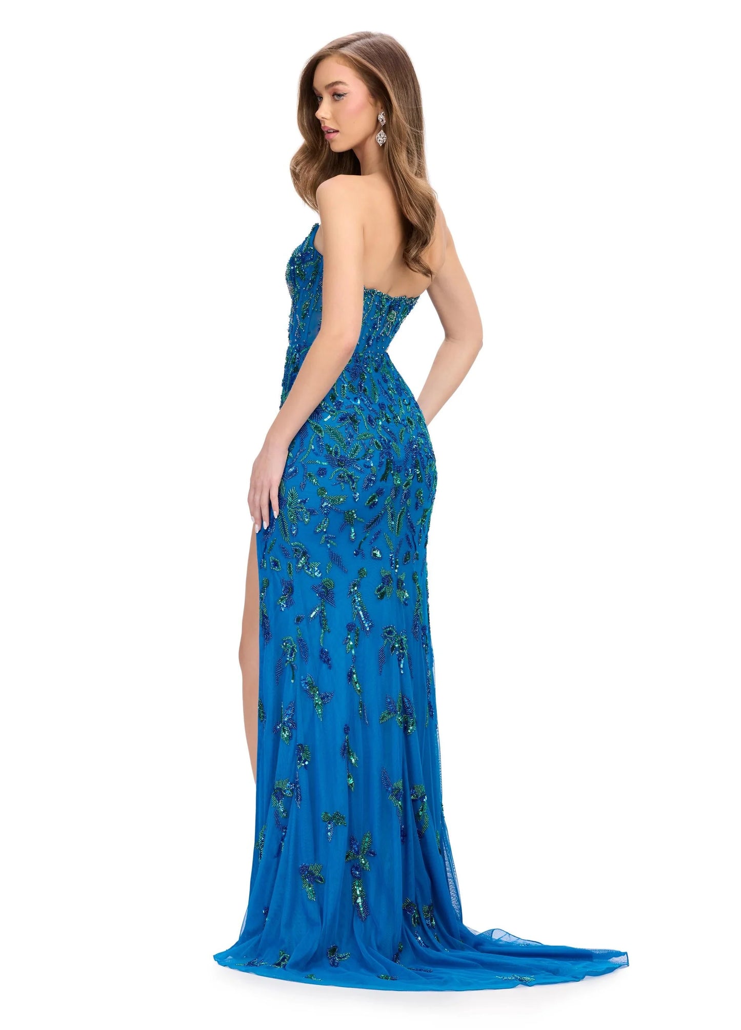 Ashley Lauren 11614 Peacock Long Prom Dress Beaded Strapless Gown Slit  Corset Bustier Formal Pageant