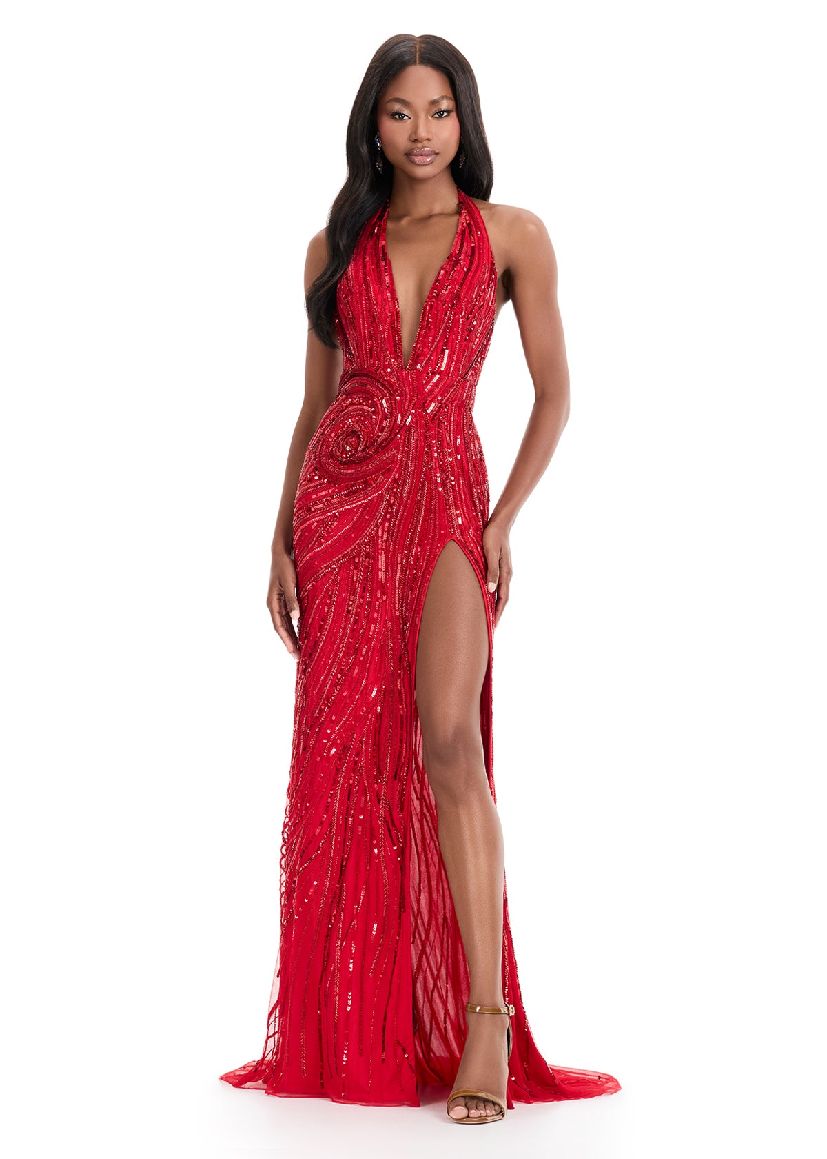 Ashley Lauren 11670 Red Long Beaded High Slit Halter Dress Pageant Formal Gown Backless
