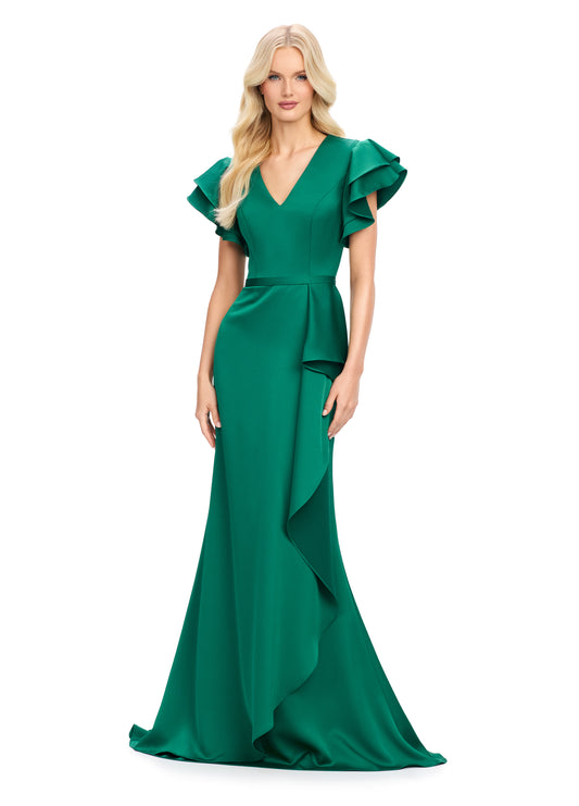 Elevate your evening look with the Ashley Lauren 11737 Crepe Evening Gown. Featuring a V neckline and elegant short ruffle sleeves, this gown is made of luxurious crepe fabric for a comfortable and flattering fit. Perfect for any special occasion, this gown will make you feel confident and stylish.