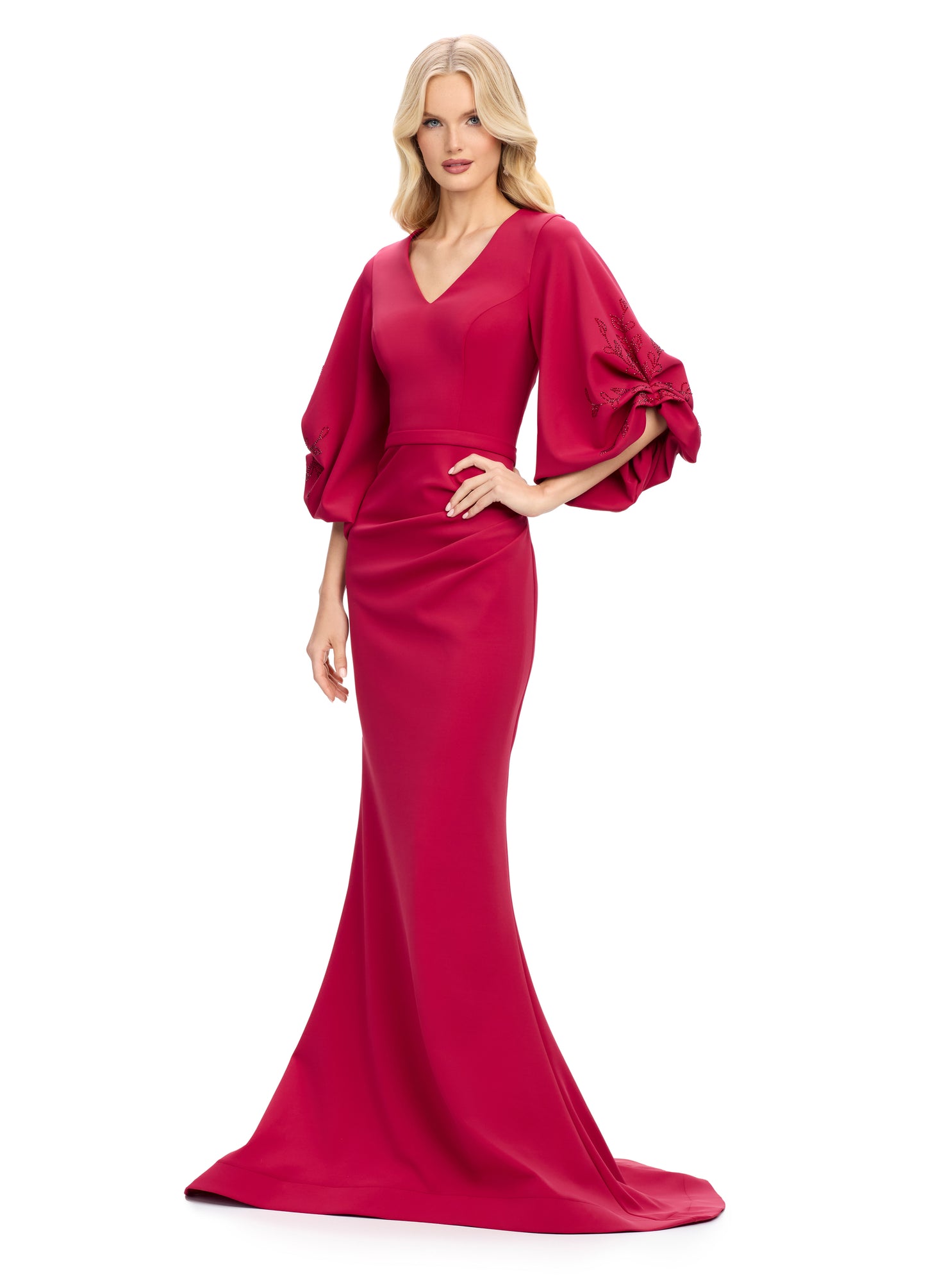 Elevate your evening look with the stunning Ashley Lauren 11740 Long Gathered Sleeves Evening Gown. The scuba fabric provides a sleek and comfortable fit, while the belted waistline accentuates your figure. The gathered sleeves add an elegant touch to this chic gown, making it perfect for any special occasion.