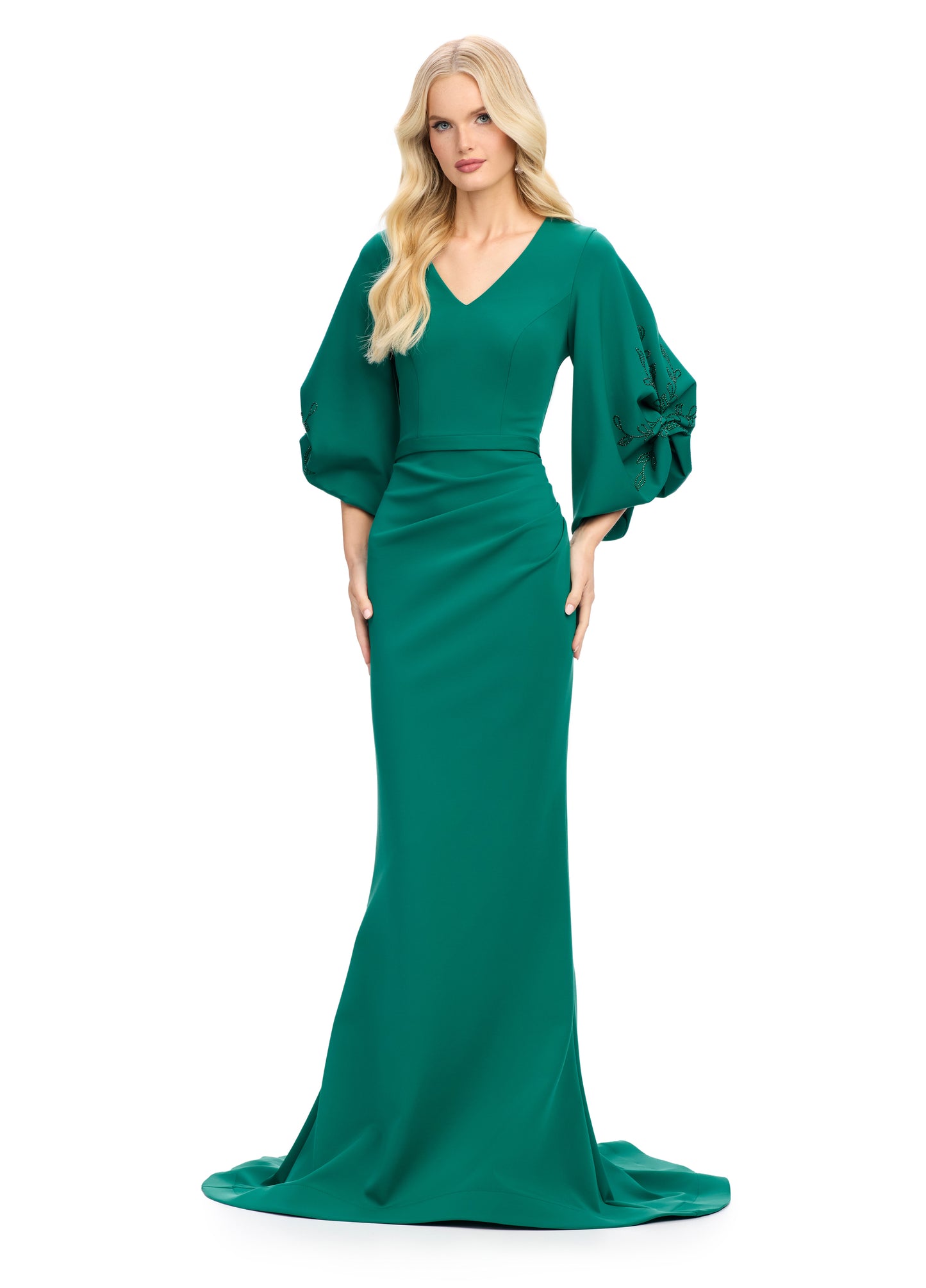 Elevate your evening look with the stunning Ashley Lauren 11740 Long Gathered Sleeves Evening Gown. The scuba fabric provides a sleek and comfortable fit, while the belted waistline accentuates your figure. The gathered sleeves add an elegant touch to this chic gown, making it perfect for any special occasion.