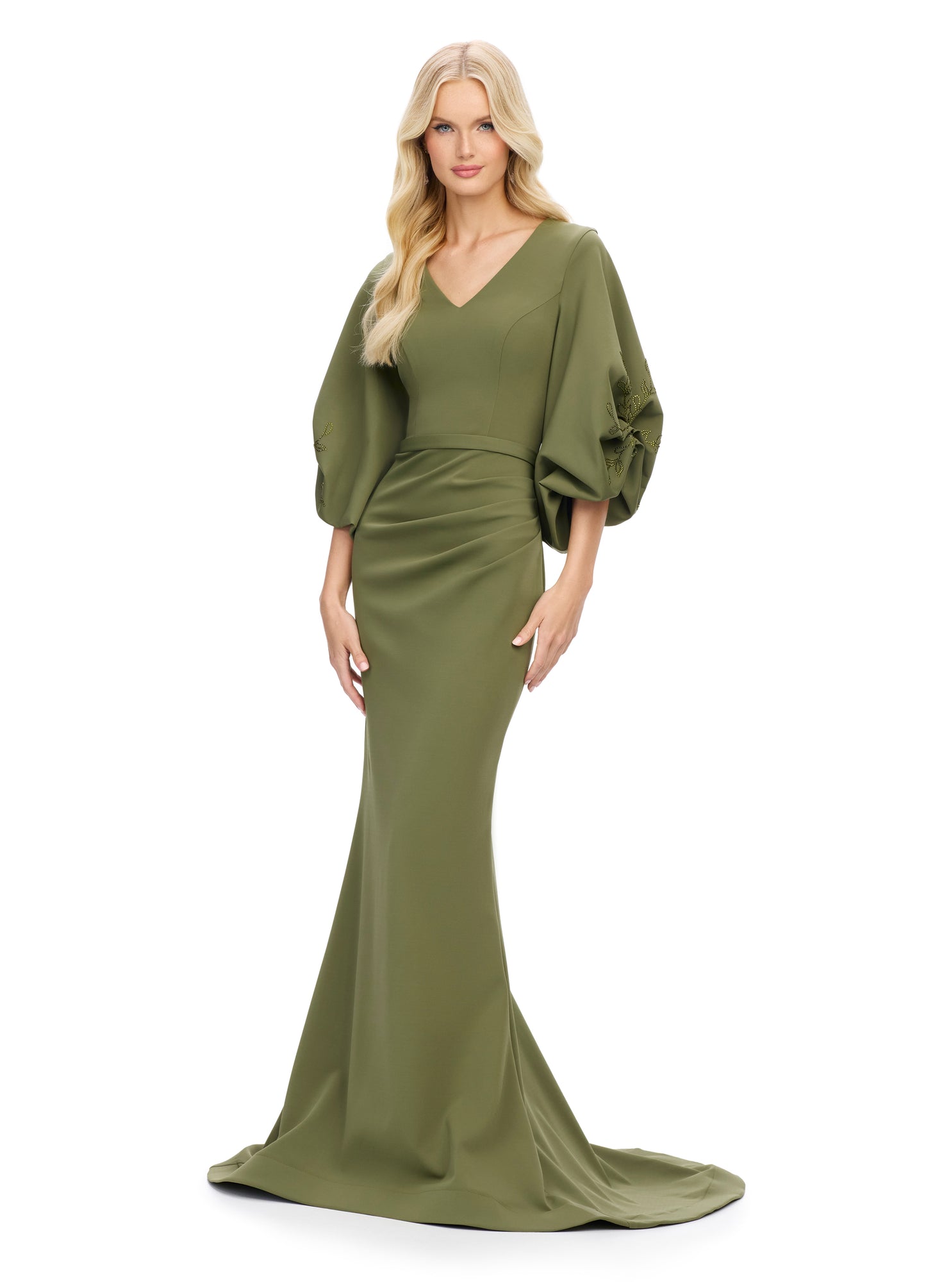 Elevate your evening look with the stunning Ashley Lauren 11740 Long Gathered Sleeves Evening Gown. The scuba fabric provides a sleek and comfortable fit, while the belted waistline accentuates your figure. The gathered sleeves add an elegant touch to this chic gown, making it perfect for any special occasion.