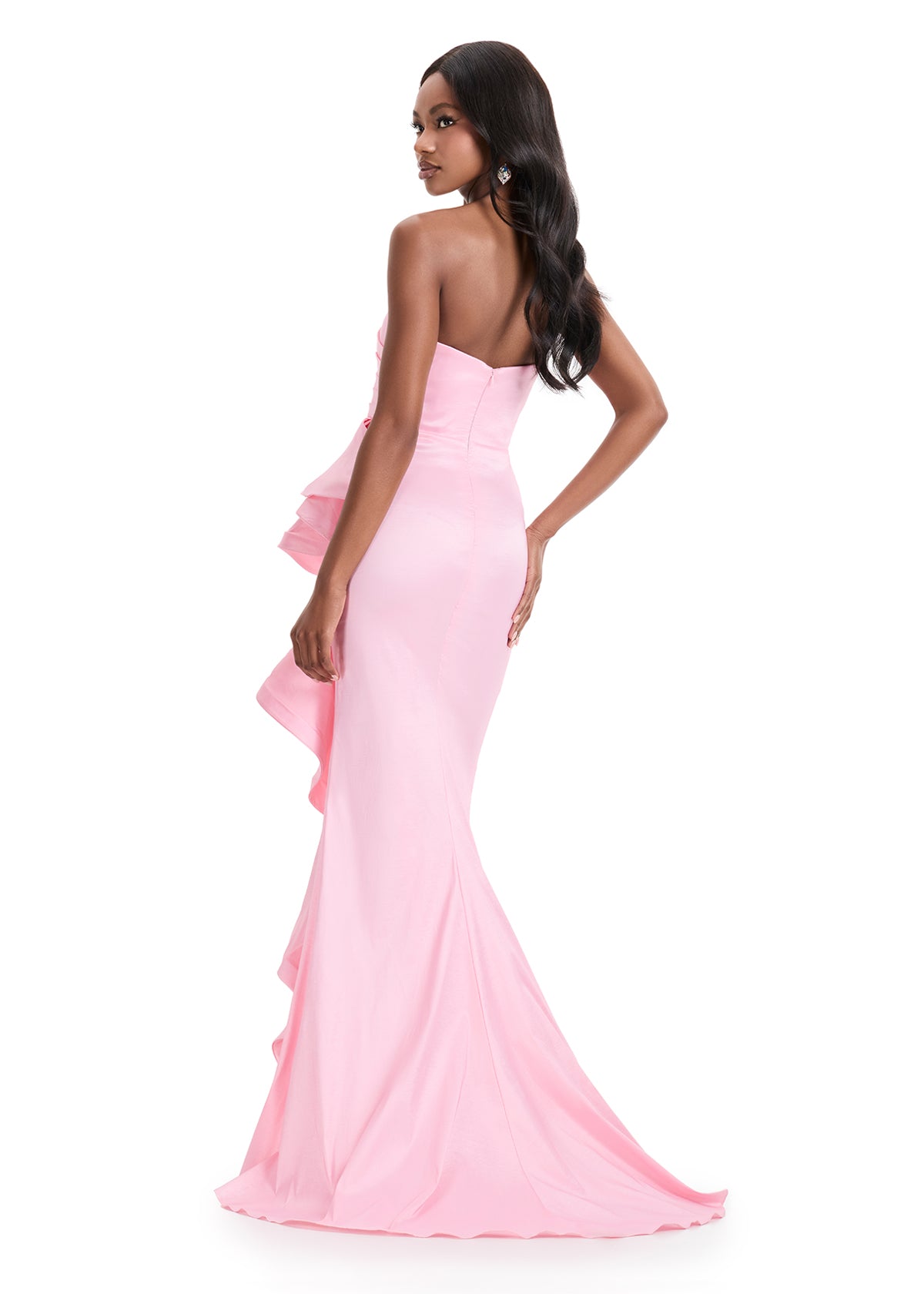 Ashley Lauren 11751 Ice Pink Strapless Evening Gown with Straight Neckline Ruching Side Ruffle Slit