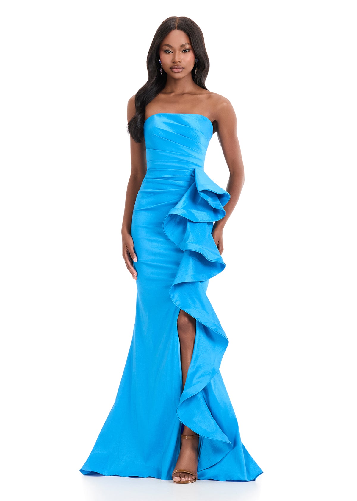 Ashley Lauren 11751 Ocean Blue Strapless Evening Gown with Straight Neckline Ruching Side Ruffle Slit