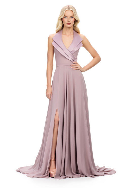 Ashley Lauren 11753 Halter A Line Evening Gown with Slit Tuxedo Lapel V Neckline taupe