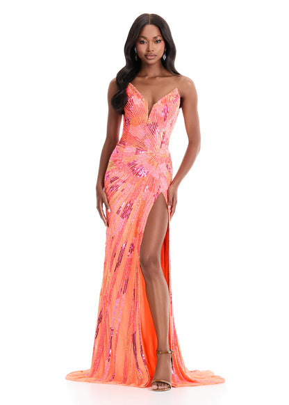 Ashley Lauren 11822 Multi Coral Strapless Prom Dress Evening Gown Multi Sequin Pattern Slit Train