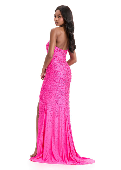 Ashley Lauren 11856 Fuchsia Fitted strapless Crystal Prom Dress Slit Evening Gown Formal Evening Gown back