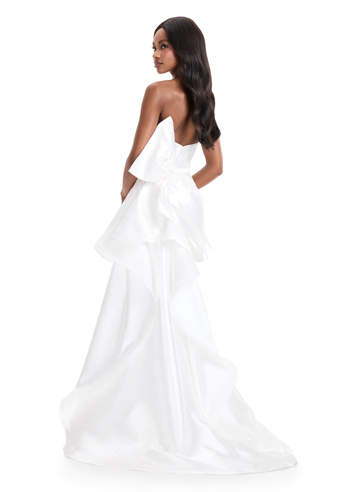 Ashley Lauren 11866 Mikado Strapless Gown With Bow.&nbsp; We love a bow! This strapless mikado gown features a belt and left leg slit. The look is complete with a back bow that cascades down the back and onto the sweep train.

Strapless
Mikado
Left Leg Slit
Ruffle Detail
Colors:&nbsp; Red, Yellow, Black/White, Pink, White