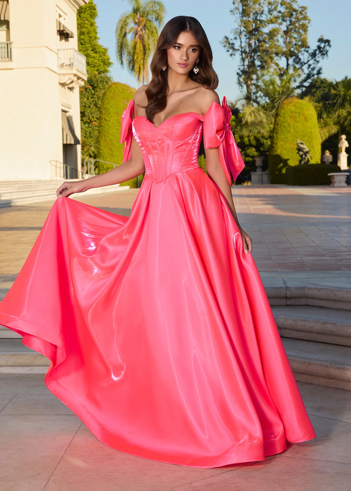 Ashley Lauren 11871 Hot Pink Ball Gown Satin Bow Prom Dress Corset A Line Pageant Gown Pockets