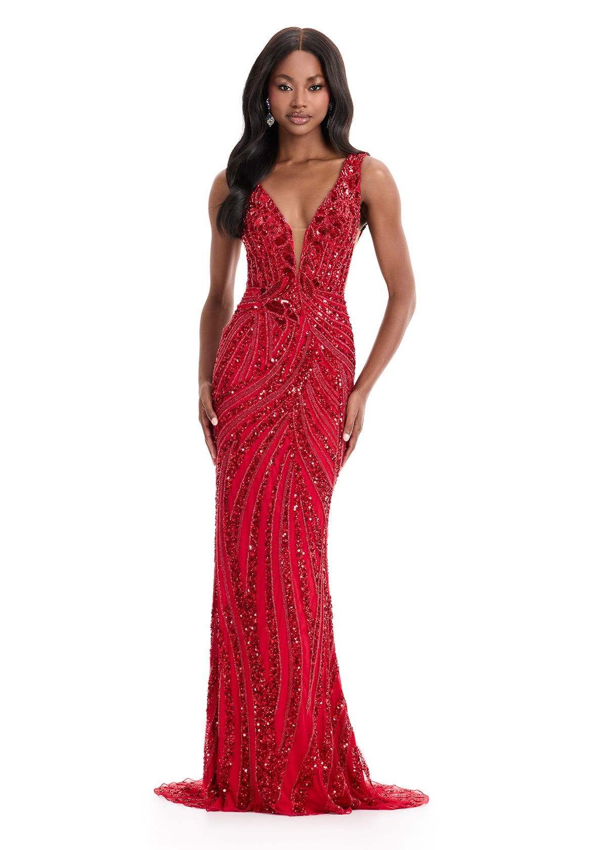 This elegantly crafted Ashley Lauren 11980 dress features a stunning V-neckline and intricate sequin beadwork, making it perfect for any formal event or prom night. Its form-fitting design and sleek backless cut effortlessly accentuate your figure. Shine with confidence in this timeless and glamorous pageant gown. Radiate elegance in this exquisite fully beaded gown, designed with captivating cut out mesh sides and a v-neckline. This stunning piece combines intricate detailing with a modern edge sure to mak