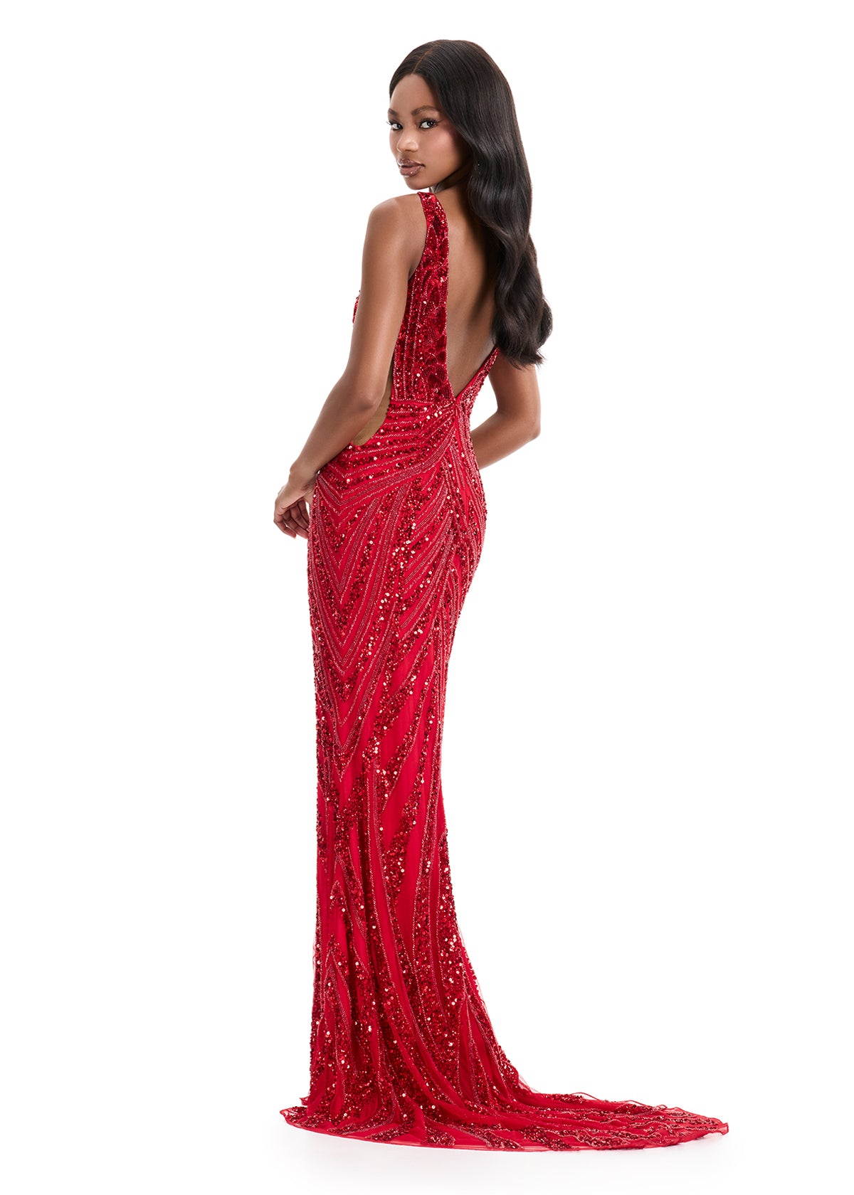 This elegantly crafted Ashley Lauren 11980 dress features a stunning V-neckline and intricate sequin beadwork, making it perfect for any formal event or prom night. Its form-fitting design and sleek backless cut effortlessly accentuate your figure. Shine with confidence in this timeless and glamorous pageant gown. Radiate elegance in this exquisite fully beaded gown, designed with captivating cut out mesh sides and a v-neckline. This stunning piece combines intricate detailing with a modern edge sure to mak