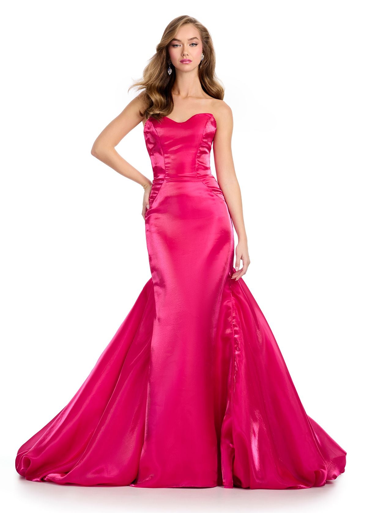 Ashley_Lauren_11996_Hot Pink_Shiny_Satin_Mermaid_Prom_Dress_Strapless_Sweetheart_Neckline_Pick_Up_Skirt_front
