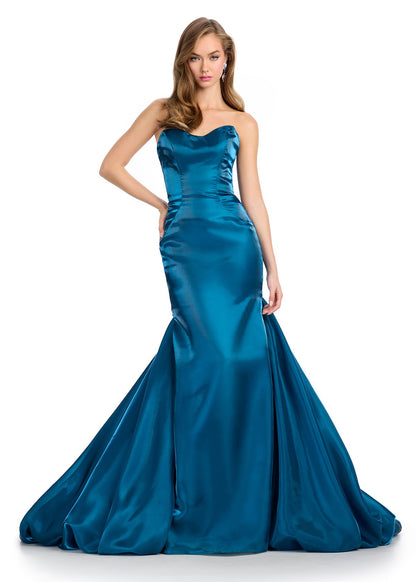 Ashley Lauren 11996 Peacock Shiny Satin Mermaid Prom Dress Strapless Sweetheart Neckline Pick Up Skirt front