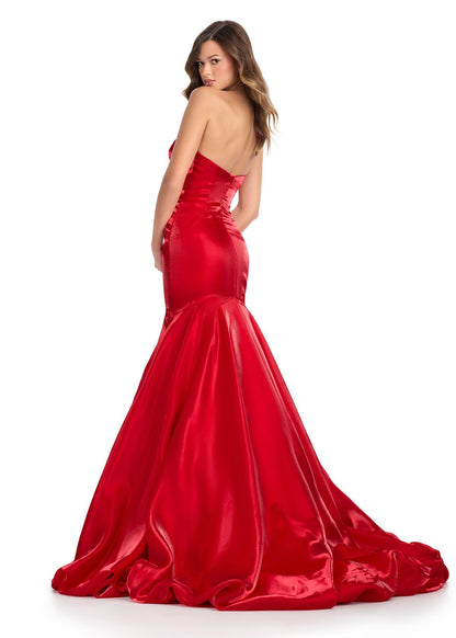 Ashley Lauren 11996 Red Shiny Satin Mermaid Prom Dress Strapless Sweetheart Neckline Pick Up Skirt back