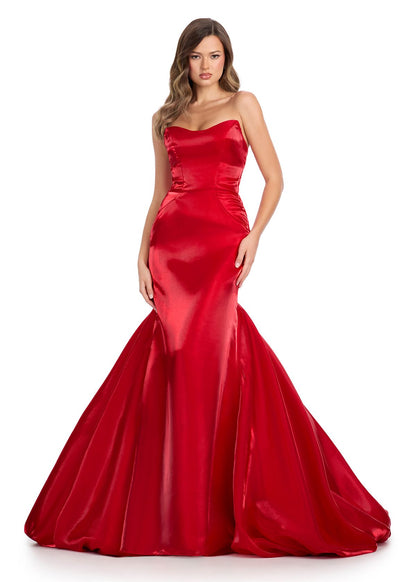 Ashley Lauren 11996 Red Shiny Satin Mermaid Prom Dress Strapless Sweetheart Neckline Pick Up Skirt front