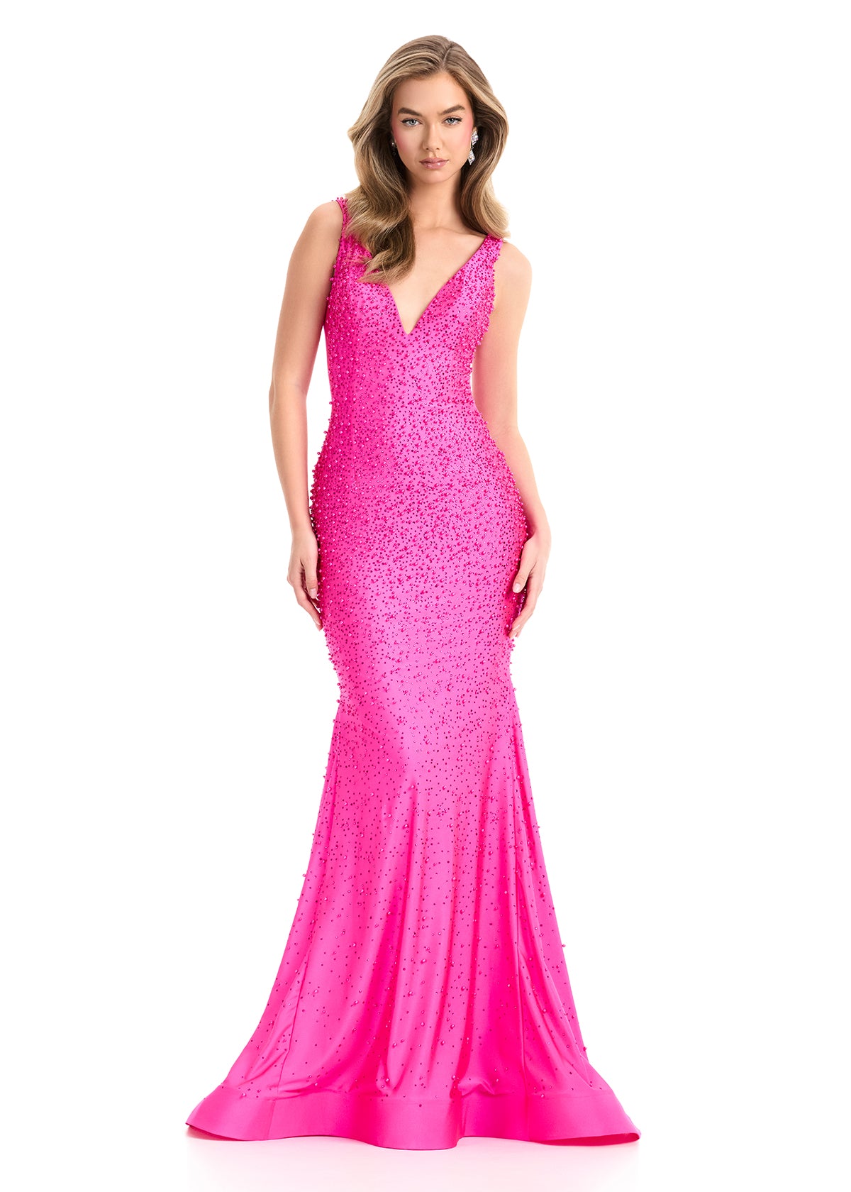 Ashley Lauren 12030 Fuchsia Jersey Prom Dress Hot Stones Pearls V Neckline Fit and Flare Evening Gown