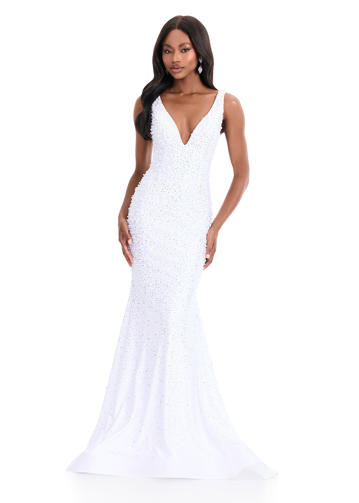 Ashley Lauren 12030 White Jersey Prom Dress Hot Stones Pearls V Neckline Fit and Flare Evening Gown