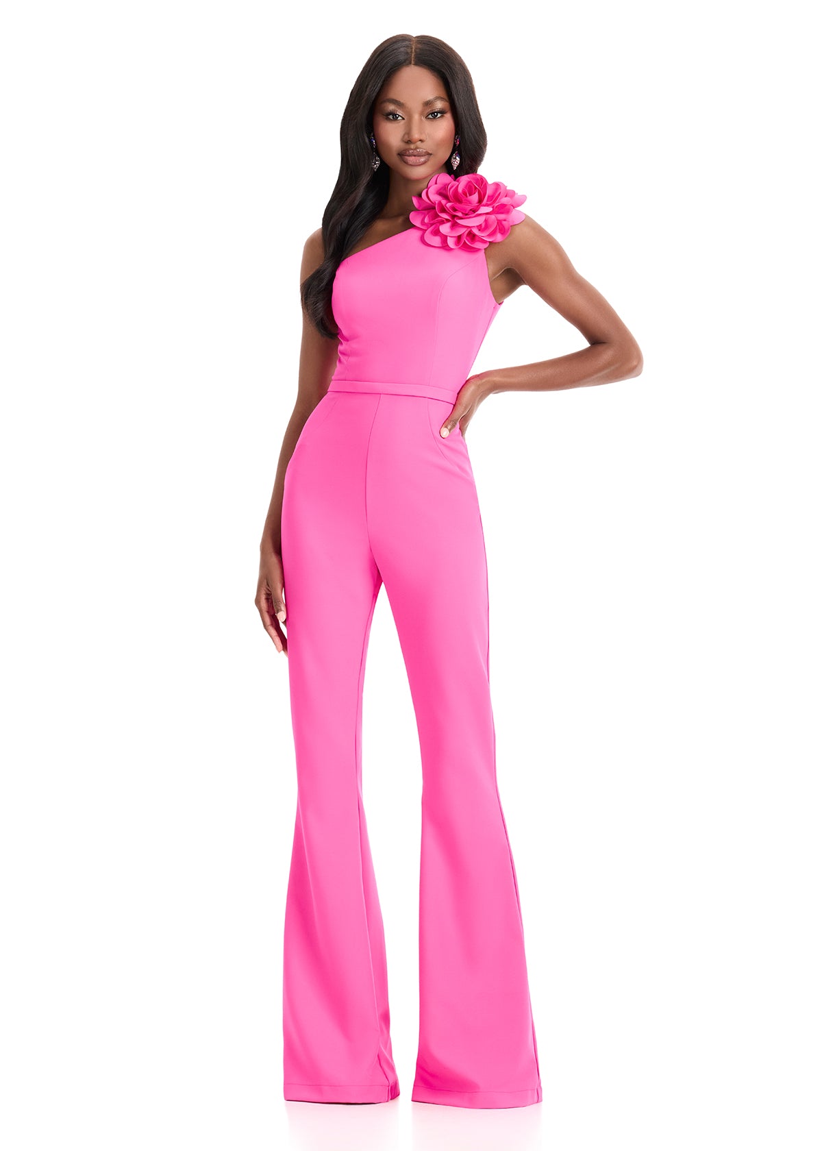 Ashley Lauren 12035 Hot Pink One Shoulder Jumpsuit Floral Applique Soft Jersey