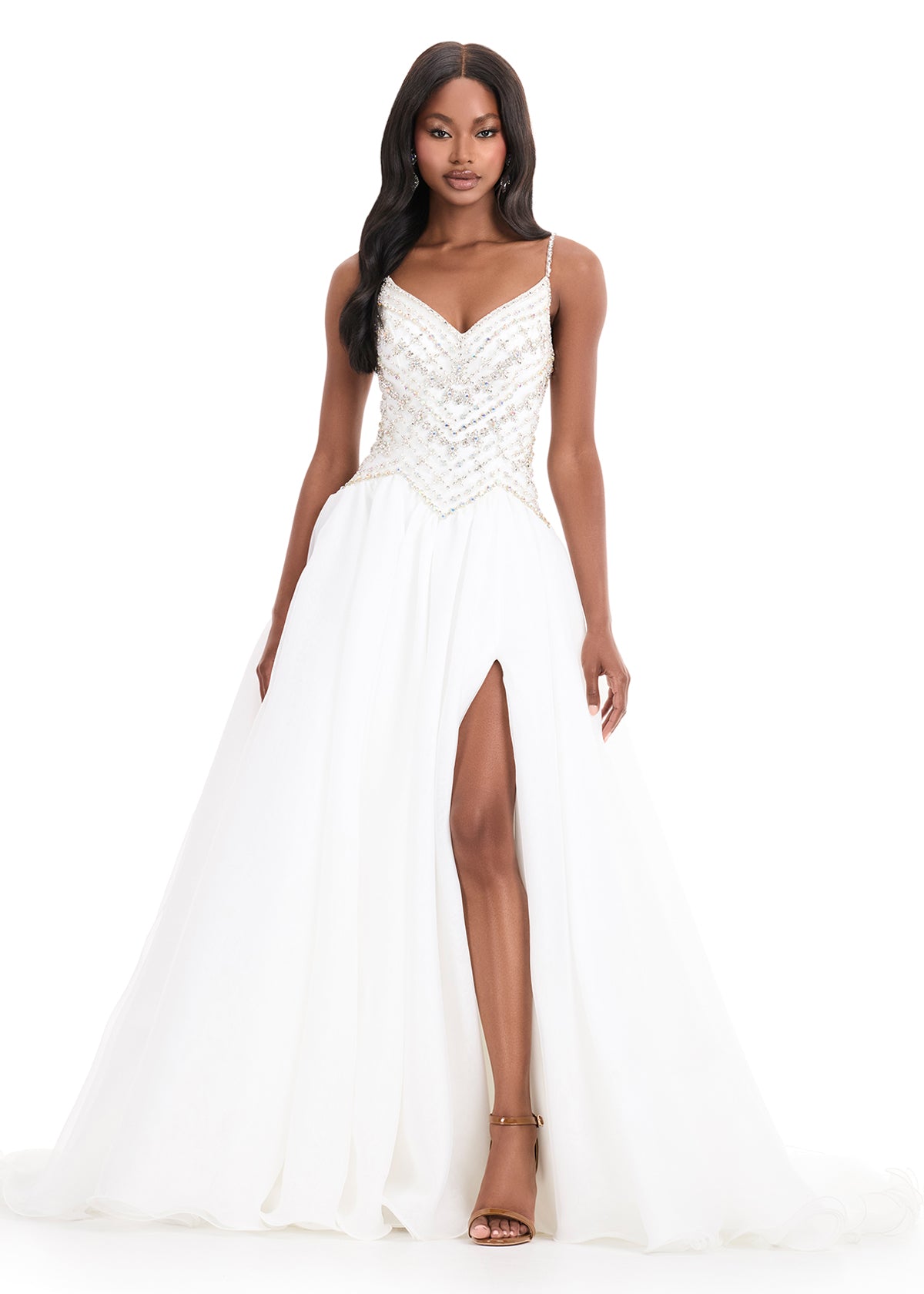 Ashley Lauren 12047 Ivory Organza Ballgown Fitted Crystal Bodice Flowy Skirt Train