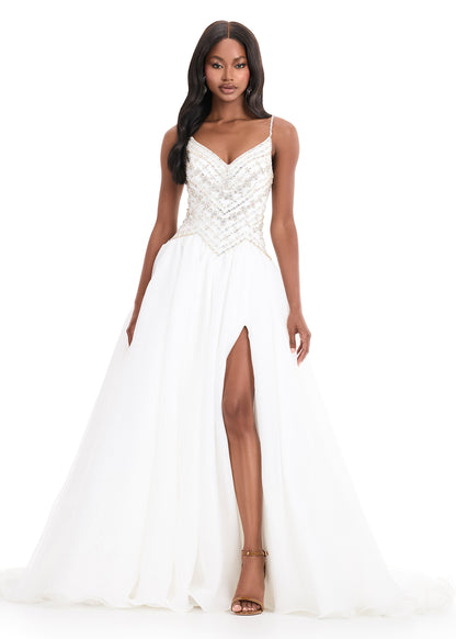 Ashley Lauren 12047 Ivory Organza Ballgown Fitted Crystal Bodice Flowy Skirt Train