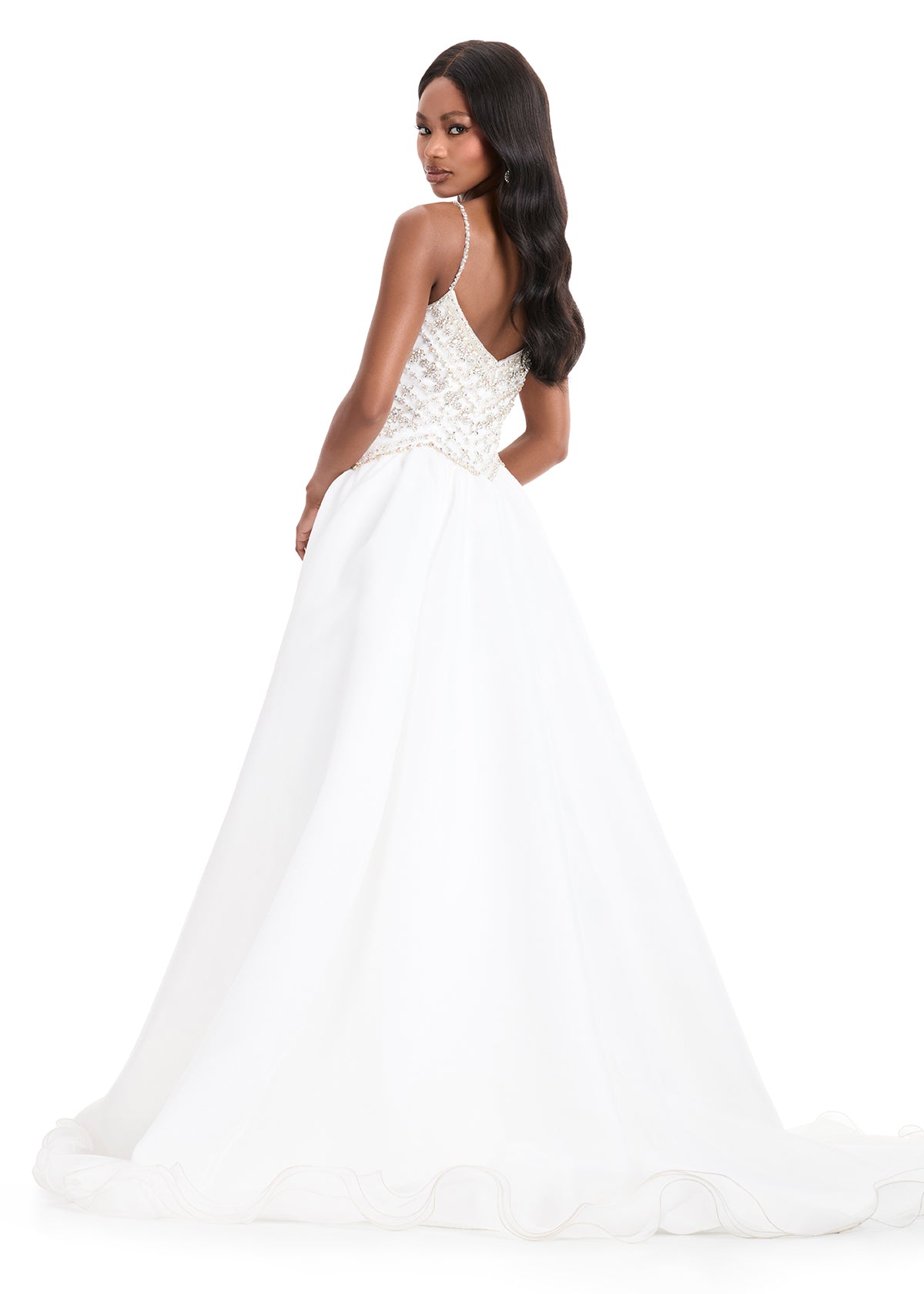 Ashley Lauren 12047 Ivory Organza Ballgown Fitted Crystal Bodice Flowy Skirt Train back