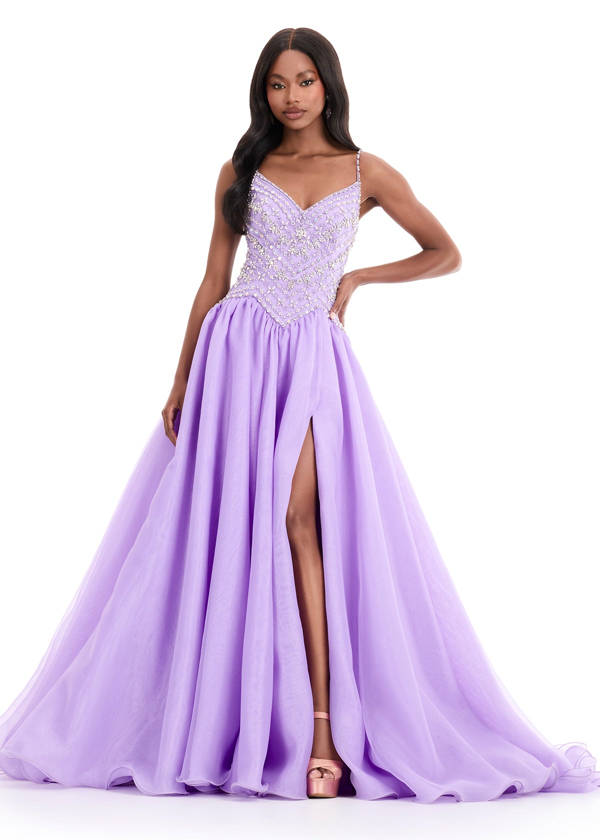 Ashley Lauren 12047 Orchid Organza Ballgown Fitted Crystal Bodice Flowy Skirt Train