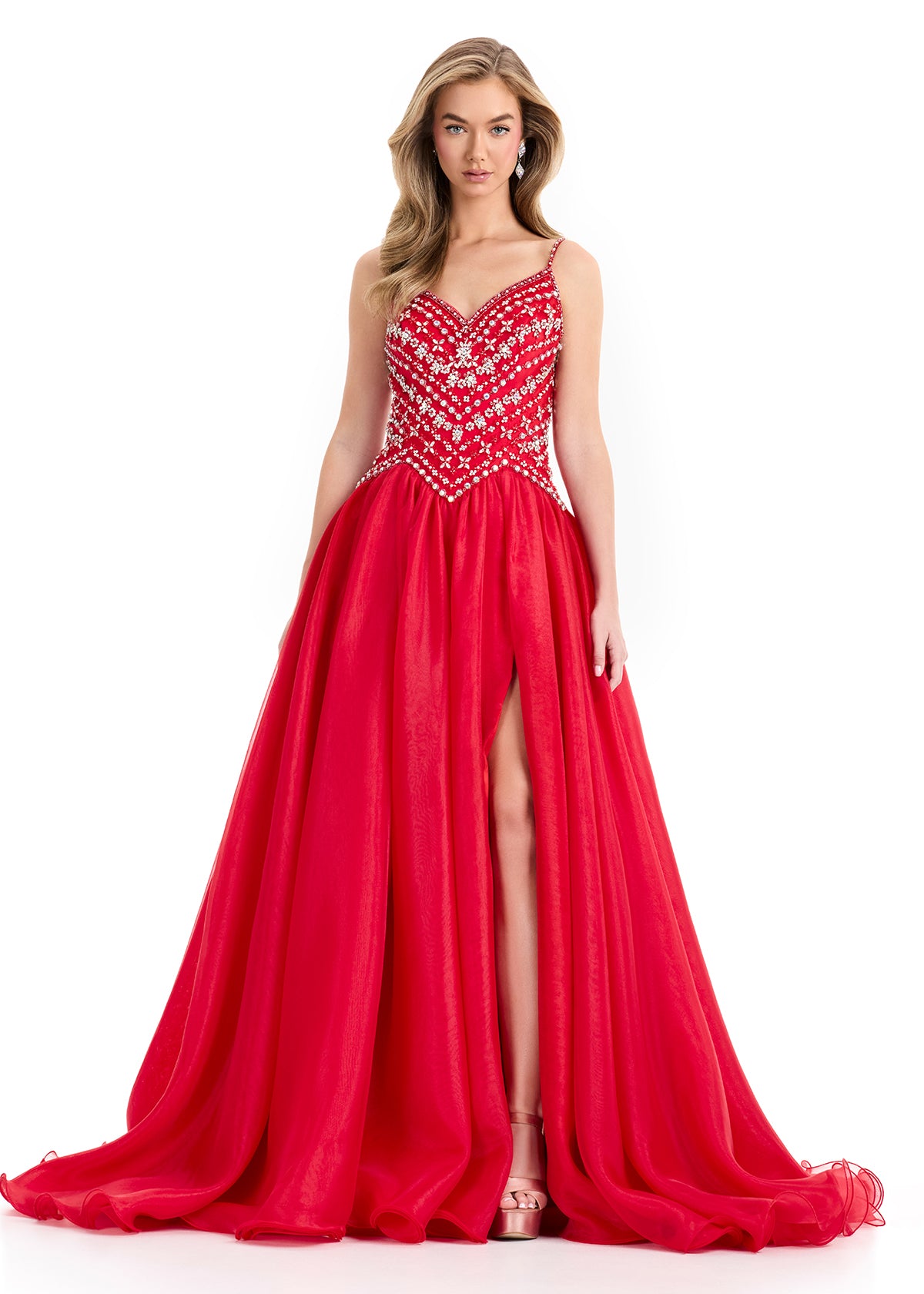 Ashley Lauren 12047 Red Organza Ballgown Fitted Crystal Bodice Flowy Skirt Train