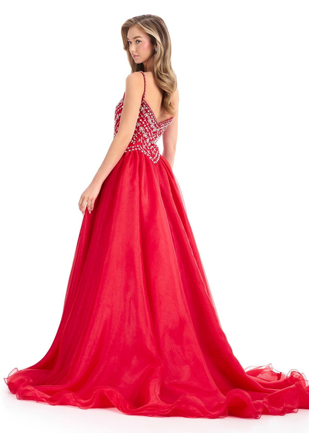 Ashley Lauren 12047 Red Organza Ballgown Fitted Crystal Bodice Flowy Skirt Train back