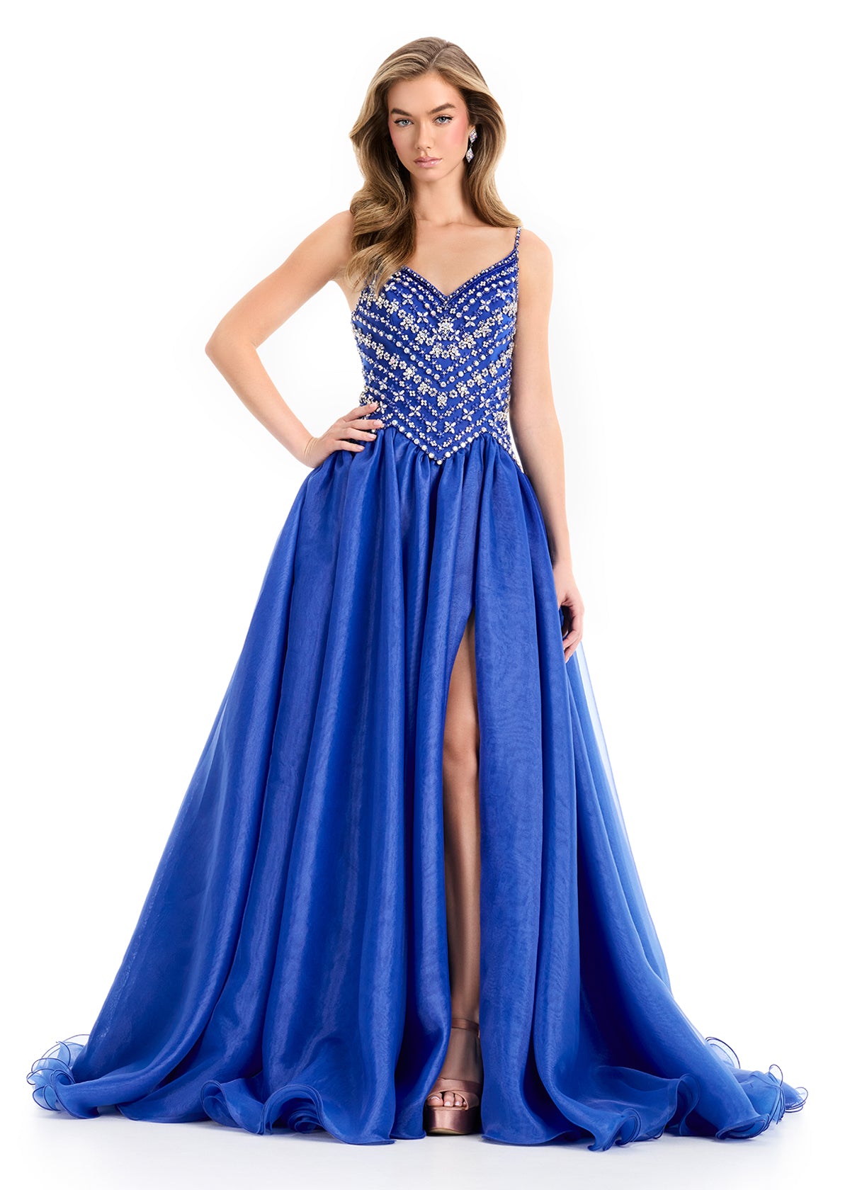 Ashley Lauren 12047 Royal Organza Ballgown Fitted Crystal Bodice Flowy Skirt Train