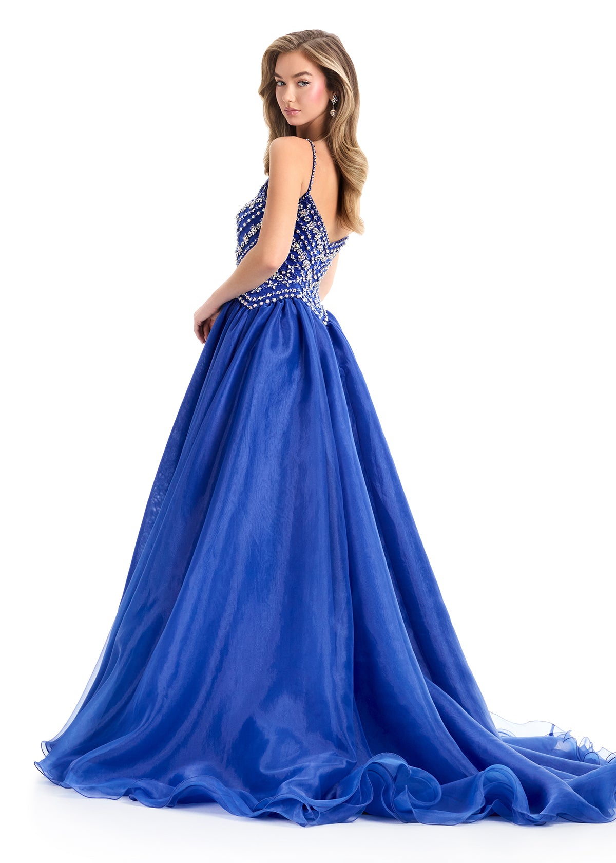 Ashley Lauren 12047 Royal Organza Ballgown Fitted Crystal Bodice Flowy Skirt Train back