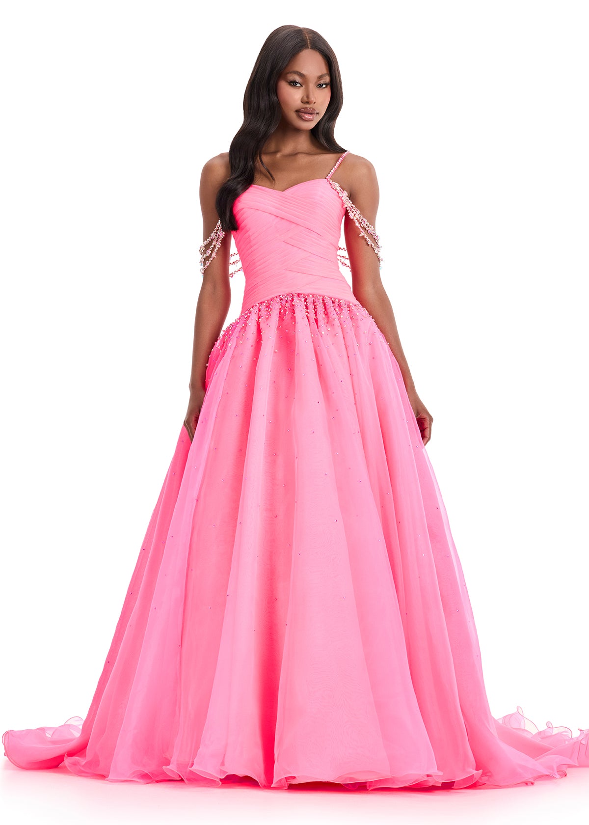 Ashley Lauren 12048 Hot Pink Organza Ballgown Ruched Bodice Crystal Waist Long Train