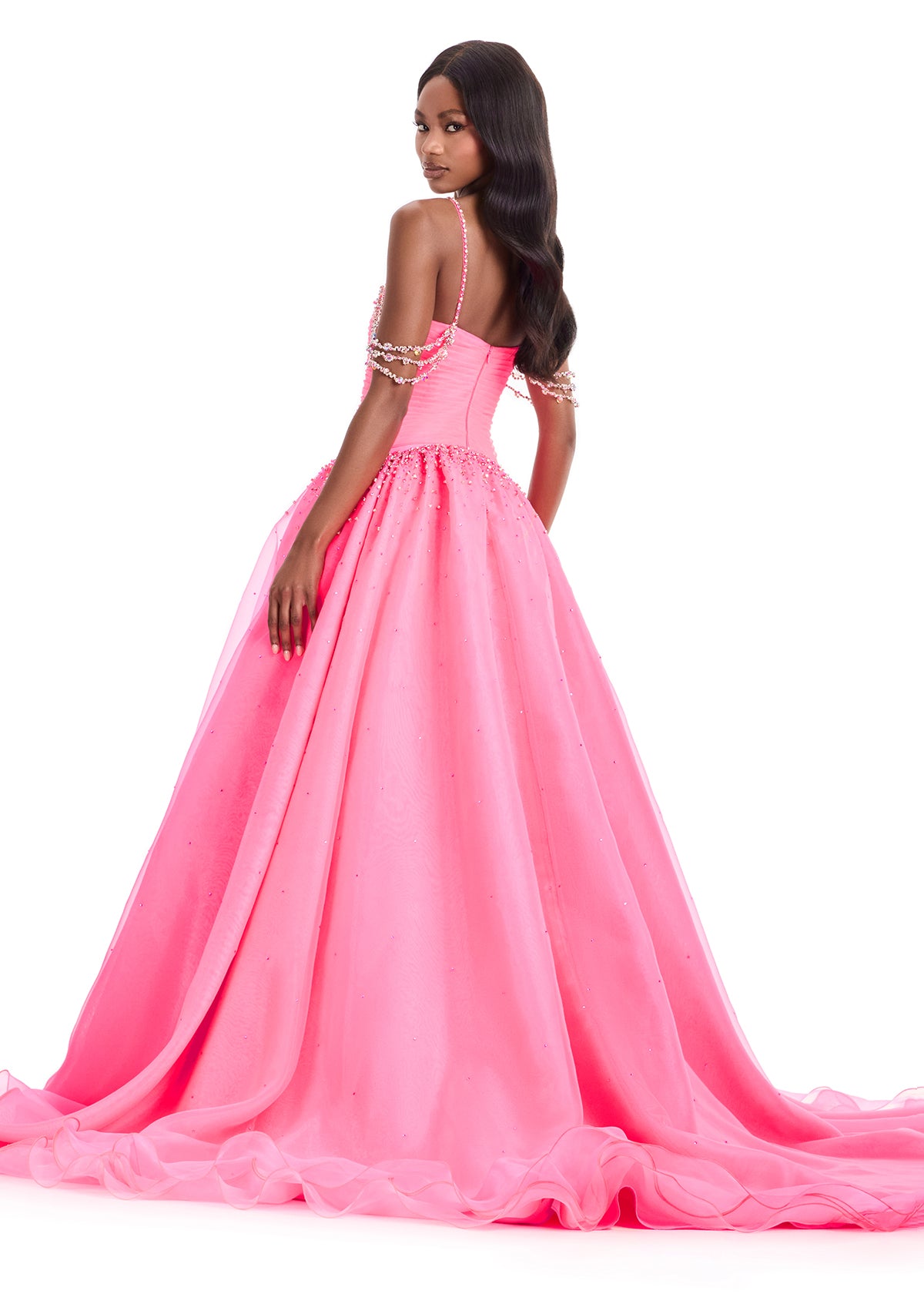 Ashley Lauren 12048 Hot Pink Organza Ballgown Ruched Bodice Crystal Waist Long Train back