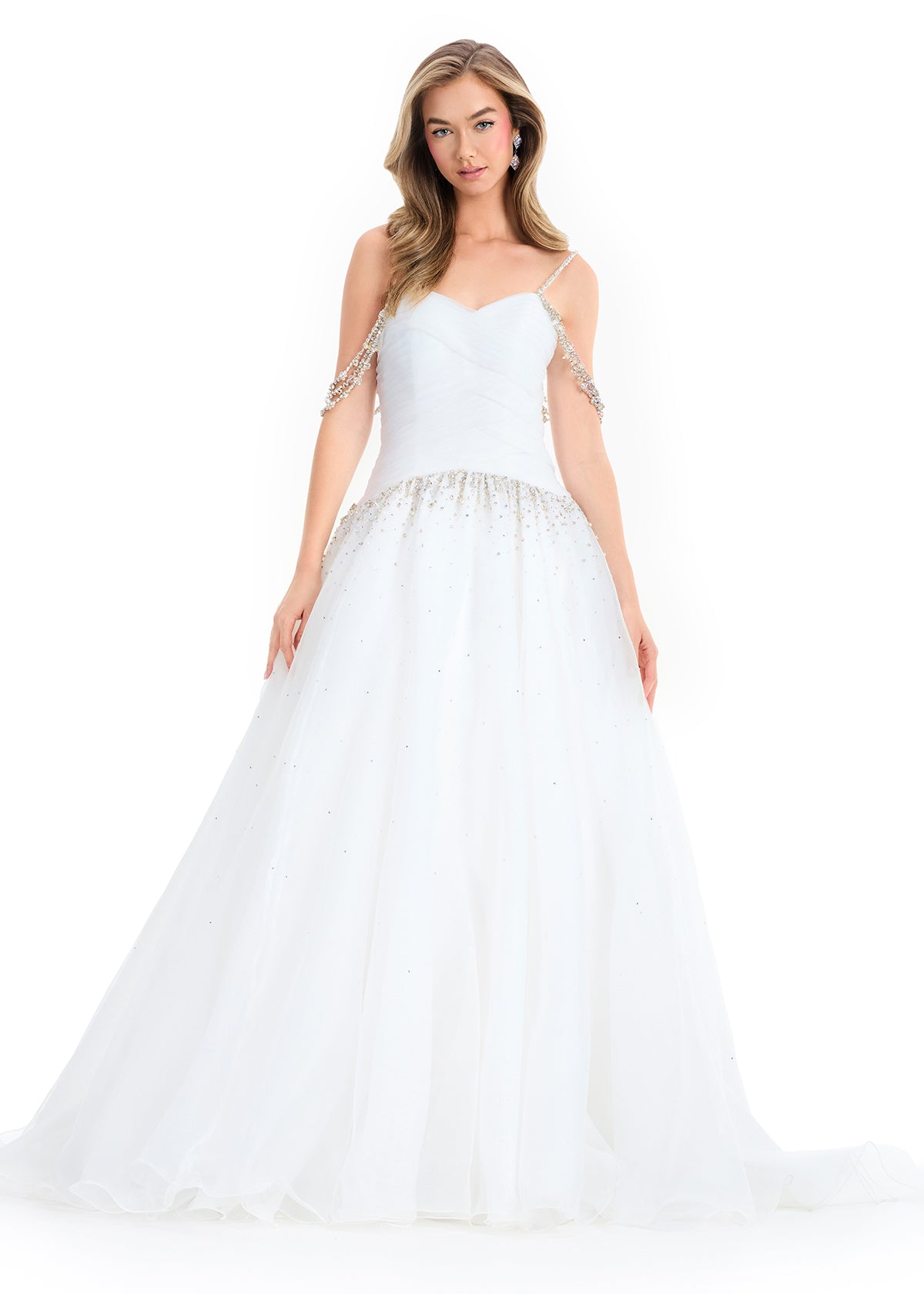 Ashley Lauren 12048 Ivory Organza Ballgown Ruched Bodice Crystal Waist Long Train