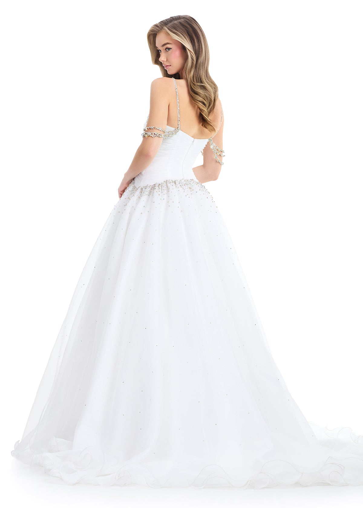 Ashley Lauren 12048 Ivory Organza Ballgown Ruched Bodice Crystal Waist Long Train back