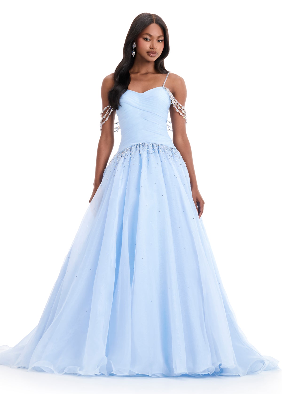 Ashley Lauren 12048 Sky Blue Organza Ballgown Ruched Bodice Crystal Waist Long Train