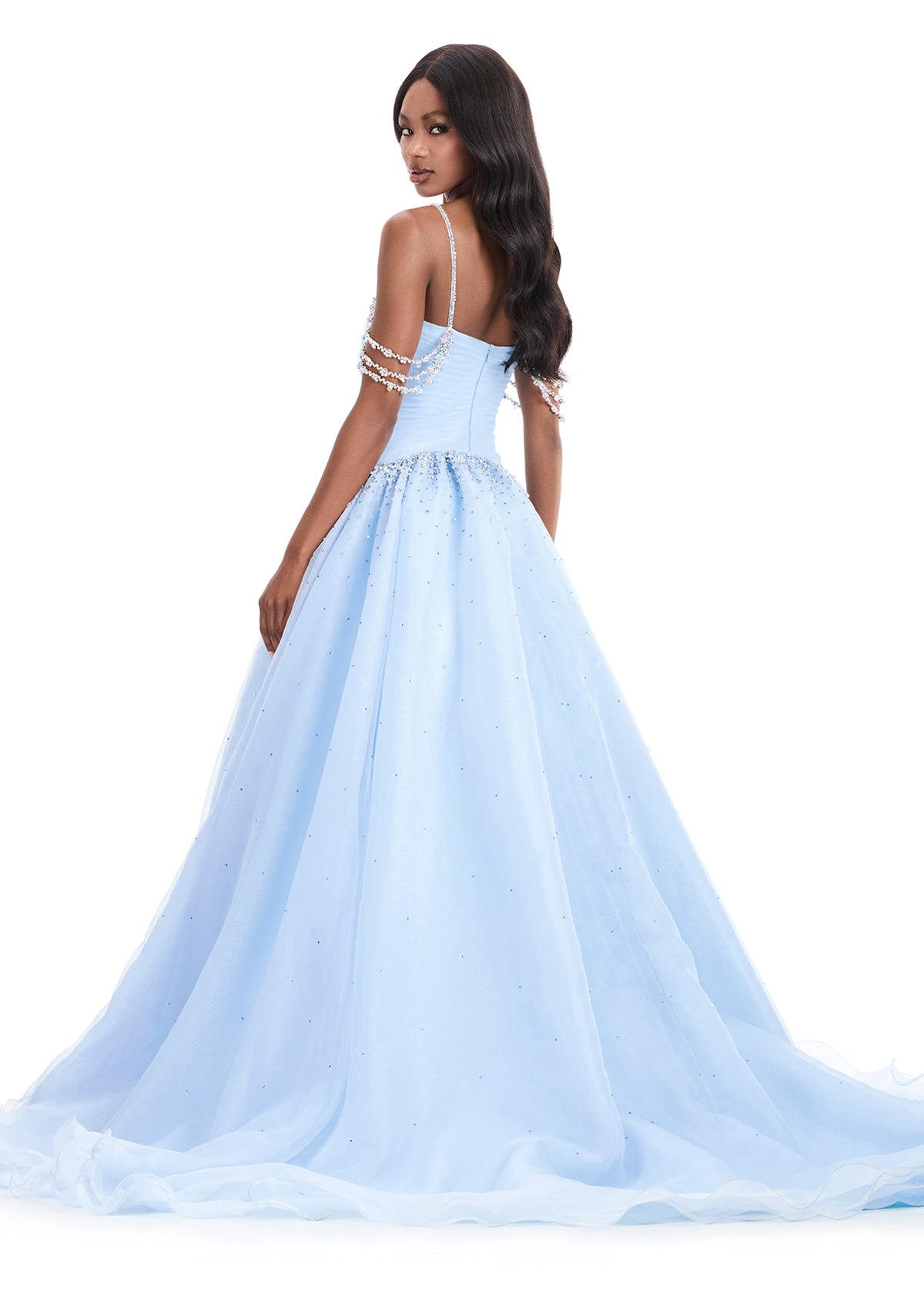 Ashley Lauren 12048 Sky Blue Organza Ballgown Ruched Bodice Crystal Waist Long Train back