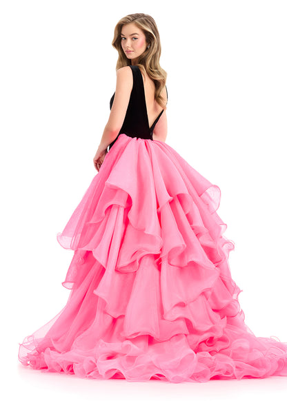 Make an unforgettable entrance in ASHLEYlauren Style 12049, a dramatic ball gown featuring a plush velvet bodice and layered organza ruffle skirt. With a plunging V-neckline and deep V-back, this gown blends structure with fluid movement, perfect for pageants, galas, and red carpet events.

Available in Black/Hot Pink, Royal/Turquoise
Ideal for Pageants, Galas, Red Carpet Events
Velvet Bodice with Plunging V-Neckline, Deep V-Back, and Layered Organza Ruffle Skirt

The structured velvet bodice hugs the torso
