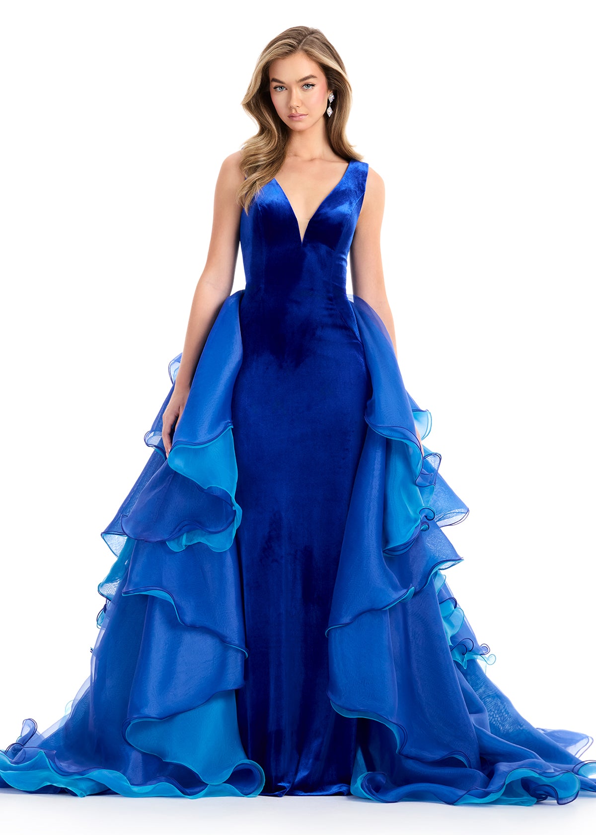 Ashley Lauren 12049 Royal Turquoise Velvet Sheath Dress Ruffle Layered Overskirt Train