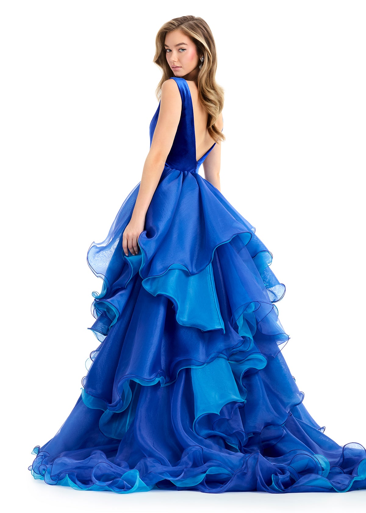 Ashley Lauren 12049 Royal Turquoise Velvet Sheath Dress Ruffle Layered Overskirt Train back