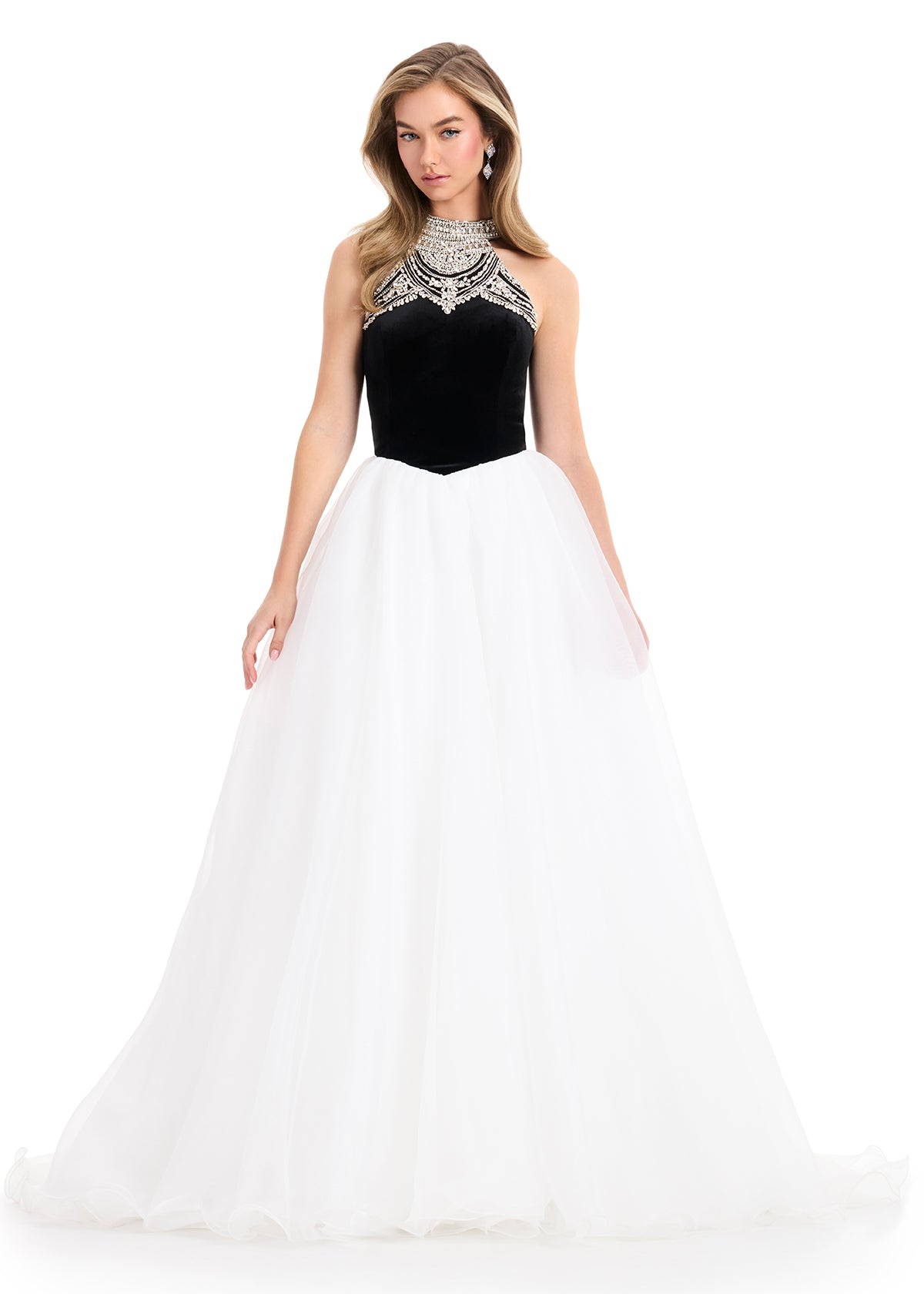 Ashley Lauren 12050 Black Ivory Velvet Halter Neck Ball Gown with Organza Skirt and Train