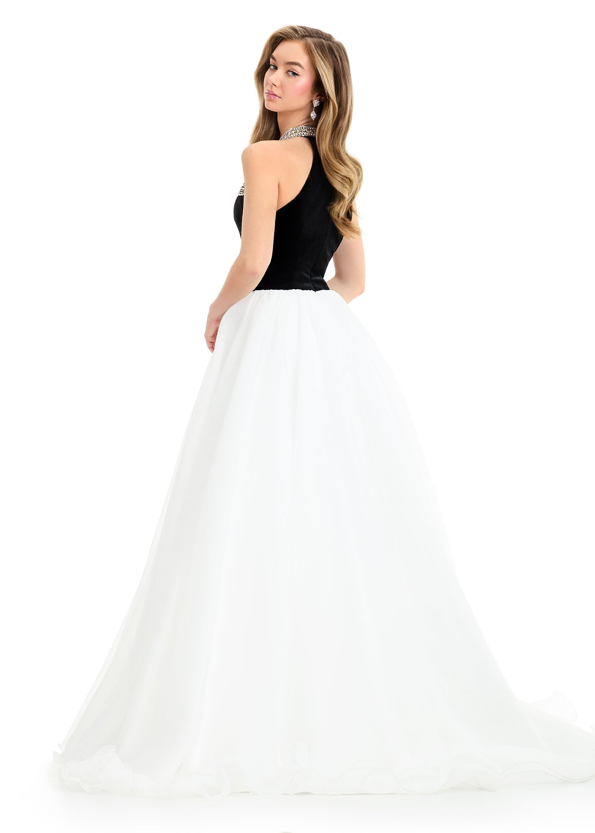 Ashley Lauren 12050 Black Ivory Velvet Halter Neck Ball Gown with Organza Skirt and Train back