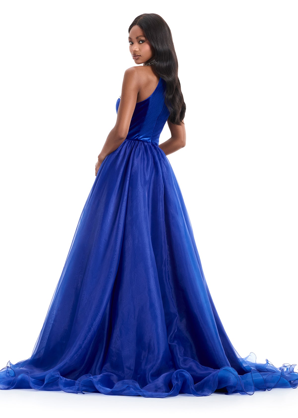 Ashley Lauren 12050 Royal Velvet Halter Neck Ball Gown with Organza Skirt and Train back